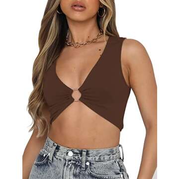 AEVZIV Sexy Crop Tops for Women Sleeveless Deep V Neck Workout Tops Plunge Ring Cleavage Cropped Tank Top Brown S