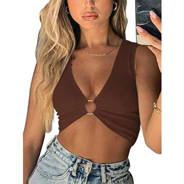 AEVZIV Sexy Crop Tops for Women Sleeveless Deep V Neck Workout Tops Plunge Ring Cleavage Cropped Tank Top Brown S