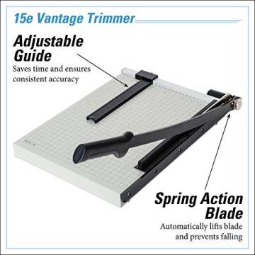 Dahle 15e Vantage Paper Trimmer, 15" Cut Length, 15 Sheet, Automatic Clamp, Adjustable Guide, Metal Base with 1/2" Gridlines, Guillotine Paper Cutter