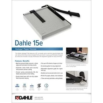 Dahle 15e Vantage Paper Trimmer, 15" Cut Length, 15 Sheet, Automatic Clamp, Adjustable Guide, Metal Base with 1/2" Gridlines, Guillotine Paper Cutter