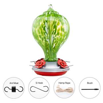 LaElvish Garden Hummingbird Feeders for Outdoors Hanging, 32OZ Hand Blown Glass Hummingbird Feeder for Outside, 4 Perch Ant Moat Leakproof, Garden Decor Bird Gifts for Mom (Spring Vigour)