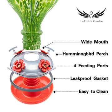 LaElvish Garden Hummingbird Feeders for Outdoors Hanging, 32OZ Hand Blown Glass Hummingbird Feeder for Outside, 4 Perch Ant Moat Leakproof, Garden Decor Bird Gifts for Mom (Spring Vigour)
