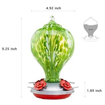 LaElvish Garden Hummingbird Feeders for Outdoors Hanging, 32OZ Hand Blown Glass Hummingbird Feeder for Outside, 4 Perch Ant Moat Leakproof, Garden Decor Bird Gifts for Mom (Spring Vigour)