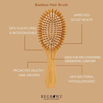 Regrowz Bamboo Paddle Hair Brush for Women & Men - Natural Wooden Brush to Detangle Hair & Reduce Hair Breakage - Scalp Massage, Perfect Hair Care Tool