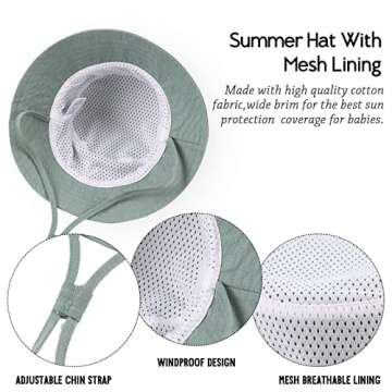 Cotton Baby Sun Hat Infant Toddler Boys Girls Bucket Hats Summer Sun Protection Kids Beach Caps (Green, 48cm)