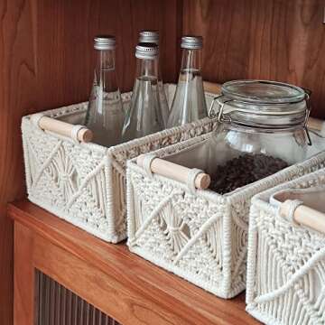 ANMINY 5PCS Macrame Storage Baskets for Organizing Boho Decor Baskets Storage Bins with Wood Handles Handmade Decorative Storage Boxes with Removable Liner Toilet Tank Bathroom Self Basket Organizer