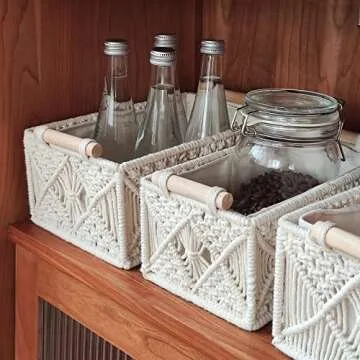 ANMINY 5PCS Macrame Storage Baskets for Organizing Boho Decor Baskets Storage Bins with Wood Handles Handmade Decorative Storage Boxes with Removable Liner Toilet Tank Bathroom Self Basket Organizer