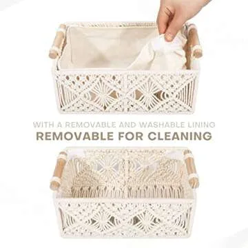 ANMINY 5PCS Macrame Storage Baskets for Organizing Boho Decor Baskets Storage Bins with Wood Handles Handmade Decorative Storage Boxes with Removable Liner Toilet Tank Bathroom Self Basket Organizer