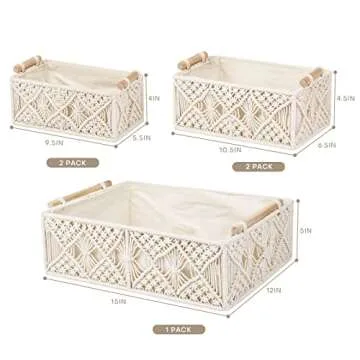 ANMINY 5PCS Macrame Storage Baskets for Organizing Boho Decor Baskets Storage Bins with Wood Handles Handmade Decorative Storage Boxes with Removable Liner Toilet Tank Bathroom Self Basket Organizer