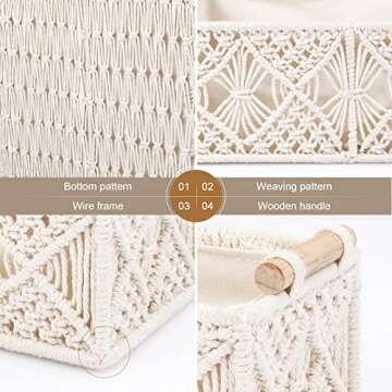 ANMINY 5PCS Macrame Storage Baskets for Organizing Boho Decor Baskets Storage Bins with Wood Handles Handmade Decorative Storage Boxes with Removable Liner Toilet Tank Bathroom Self Basket Organizer