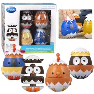 Easter Egg Stacking & Sorting Toys, Mix & Match Educational Hatching Farm Animal Eggs 4 Pack- Owl Duck Chicken Bluejay- Creative & Imaginative, Kids Hands On Building Play, Toddler Basket Stuffer Gift
