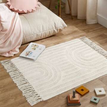 Lanffia Boho Bathroom Rug 2' x 3', Washable Small Front Entryway Rug, Beige Hand-Woven Tufted Cotton Rainbow Rug with Tassels Farmhouse Kitchen Rugs for Foyer Bedroom Back Door Decor