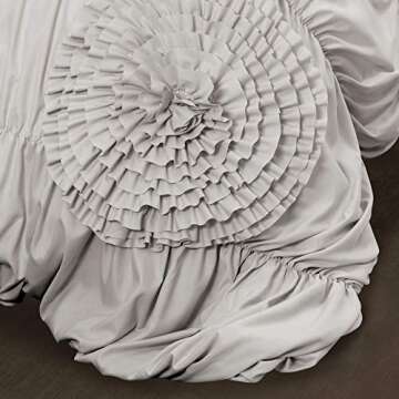 Lush Decor Serena Comforter Set, 3 Piece Set, King, Light Gray - Ruched Ruffled Flower Design - Romantic Ruffle Bedding Set - Vintage Glam & Farmhouse Bedroom Decor