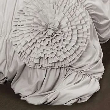 Lush Decor Serena Comforter Set, 3 Piece Set, King, Light Gray - Ruched Ruffled Flower Design - Romantic Ruffle Bedding Set - Vintage Glam & Farmhouse Bedroom Decor