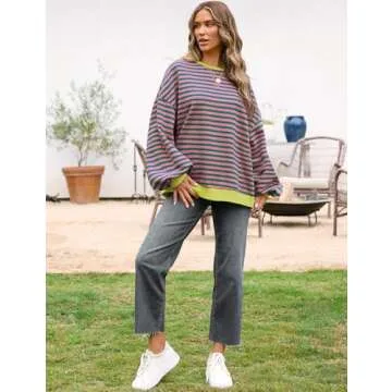 UEU Oversized Sweatshirts for Women Casual Comfy Pullover Tops Long Sleeve Crewneck Y2K Shirt Pink Green Striped Large