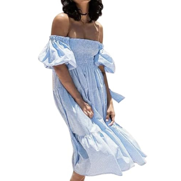 R.Vivimos Women's Summer Plaid Puff Sleeves Midi Dress