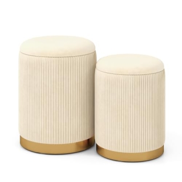 GOFLAME Velvet Storage Ottoman Set of 2 - Elegant Beige & Gold Ottoman with Storage