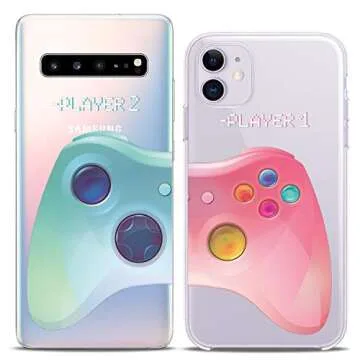 Cavka Matching Couple Cases Compatible for Samsung S24 S23 S22 Ultra S21 FE S20 Note 20 S10e A50 A11 A14 Video Game Clear Funny Pink Blue For Him Her Girlfriend Silicone Cover Anniversary Relationship