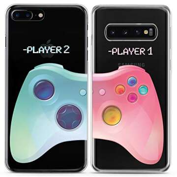 Cavka Matching Couple Cases Compatible for Samsung S24 S23 S22 Ultra S21 FE S20 Note 20 S10e A50 A11 A14 Video Game Clear Funny Pink Blue For Him Her Girlfriend Silicone Cover Anniversary Relationship
