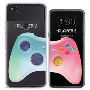 Cavka Matching Couple Cases Compatible for Samsung S24 S23 S22 Ultra S21 FE S20 Note 20 S10e A50 A11 A14 Video Game Clear Funny Pink Blue For Him Her Girlfriend Silicone Cover Anniversary Relationship