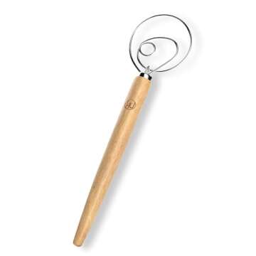 LHU Premium Original Danish Dutch Whisk for Better Batter and Bread Dough Recipes, Stainless Steel/Beechwood, Includes Cleaning Brush, Large, 13.5" L