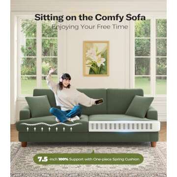 Kidirect 87in Green Sofa, Couches for Living Room 21in Extra Deep Seats, Comfy Corduroy Sofas for Living Room No Tool Assembly, Modern Oversized Love Seat with 2 Pillows, Sofa Couch for Bedroom