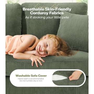 Kidirect 87in Green Sofa, Couches for Living Room 21in Extra Deep Seats, Comfy Corduroy Sofas for Living Room No Tool Assembly, Modern Oversized Love Seat with 2 Pillows, Sofa Couch for Bedroom