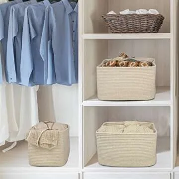 XUANGUO Rope storage Basket Bins Woven Basket for Organizing Shelves Rectangle Decorative Baskets For storage Clothes Toys Books Towels Square Wicker Nursery basket organizer 3 pack Oatmeal
