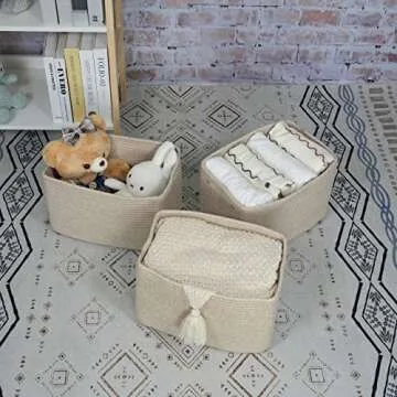 XUANGUO Rope storage Basket Bins Woven Basket for Organizing Shelves Rectangle Decorative Baskets For storage Clothes Toys Books Towels Square Wicker Nursery basket organizer 3 pack Oatmeal