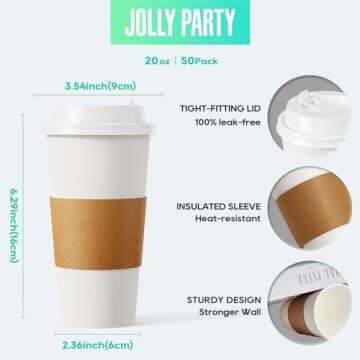 [50 Pack] 20 oz Paper Coffee Cups, Disposable Paper Coffee Cup with Lids, Sleeves, and Stirrers, Hot...