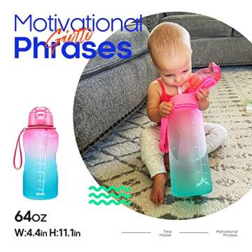 Giotto Large Half Gallon/64oz Motivational Water Bottle with Time Marker & Straw,Leakproof Tritan BPA Free Water Jug,Ensure You Drink Enough Water Daily for Fitness,Gym and Outdoor Activity-Light Pink/Green Gradient