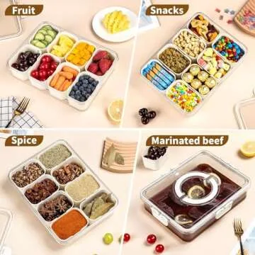 Plastic Divided Serving Tray with Lid and Handle Snack Box Charcuterie Container Portable Snack Platters Organizer for Candy, Fruits, Snacks, Nuts, for Party, Entertaining, Picnic (8 compartments)
