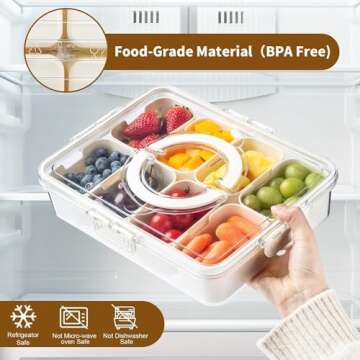 Plastic Divided Serving Tray with Lid and Handle Snack Box Charcuterie Container Portable Snack Platters Organizer for Candy, Fruits, Snacks, Nuts, for Party, Entertaining, Picnic (8 compartments)