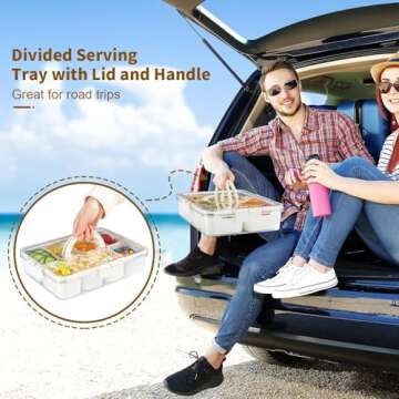 Plastic Divided Serving Tray with Lid and Handle Snack Box Charcuterie Container Portable Snack Platters Organizer for Candy, Fruits, Snacks, Nuts, for Party, Entertaining, Picnic (8 compartments)