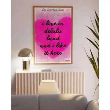 vuvuhi Delulu Land Poster Newspaper Headline Poster Trendy New York Poster Apartment Aesthetic Trendy Pink Wall Art Preppy Typography Poster