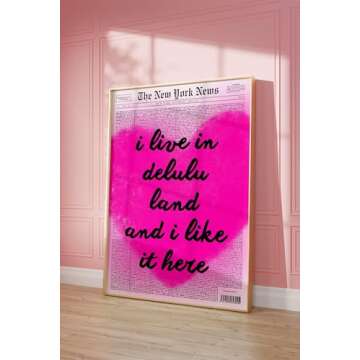 vuvuhi Delulu Land Poster Newspaper Headline Poster Trendy New York Poster Apartment Aesthetic Trendy Pink Wall Art Preppy Typography Poster
