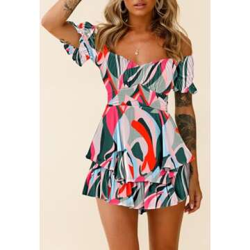 Fixmatti Women's Summer Short Sleeve Beach Ruffle Romper Off Shoulder Ruffles Shorts Jumpsuit