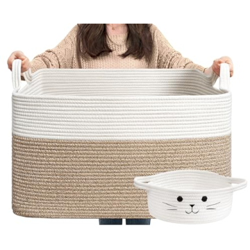 Goodpick Blanket Basket, Toy Baskets Storage Kids, Large Baskets for Storage, Baby Laundry Basket with Small Cute Basket, Blanket Storage for Dirty Clothes, 21.6" x 14.9" x 11.8", White & Light Brown
