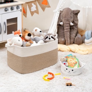 Goodpick Blanket Basket, Toy Baskets Storage Kids, Large Baskets for Storage, Baby Laundry Basket with Small Cute Basket, Blanket Storage for Dirty Clothes, 21.6" x 14.9" x 11.8", White & Light Brown