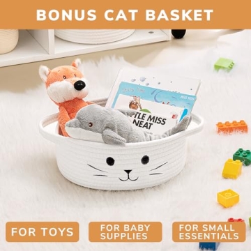 Goodpick Blanket Basket, Toy Baskets Storage Kids, Large Baskets for Storage, Baby Laundry Basket with Small Cute Basket, Blanket Storage for Dirty Clothes, 21.6" x 14.9" x 11.8", White & Light Brown