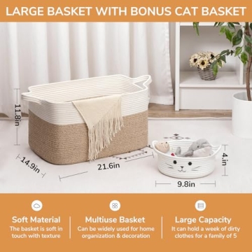 Goodpick Blanket Basket, Toy Baskets Storage Kids, Large Baskets for Storage, Baby Laundry Basket with Small Cute Basket, Blanket Storage for Dirty Clothes, 21.6" x 14.9" x 11.8", White & Light Brown