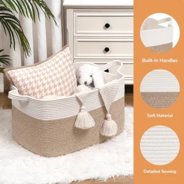 Goodpick Blanket Basket, Toy Baskets Storage Kids, Large Baskets for Storage, Baby Laundry Basket with Small Cute Basket, Blanket Storage for Dirty Clothes, 21.6" x 14.9" x 11.8", White & Light Brown