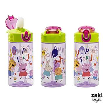 Zak Designs Peppa Pig Kids Water Bottle For School or Travel, 16oz Durable Plastic Water Bottle With Straw, Handle, and Leak-Proof, Pop-Up Spout Cover (Peppa & Friends)