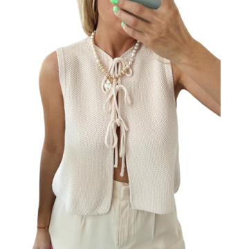 Wyeysyt Womens Crochet Sweater Vest Sleeveless Crew Neck Tie Front Tops Open Front Knit Cardigan(Bei...