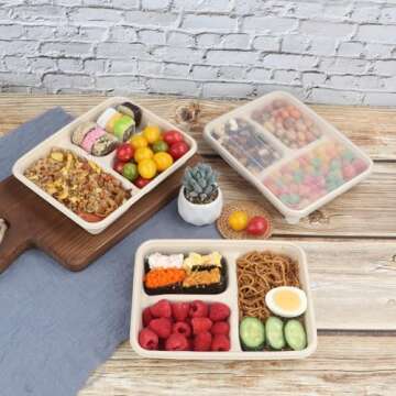 JAYEEY 23 oz Sugarcane Fiber 3 Compartments disposable plates with Lids food container sets Plant Fibers Freezer Safe 50 Pack