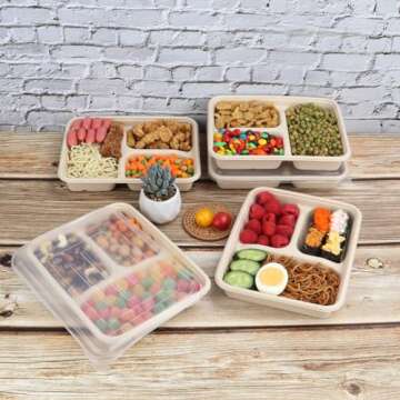 JAYEEY 23 oz Sugarcane Fiber 3 Compartments disposable plates with Lids food container sets Plant Fibers Freezer Safe 50 Pack