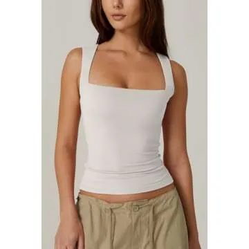 QINSEN Womens Tank Top Sleeveless Square Neck Casual Basic Fitted T- Shirts White XL