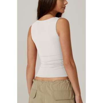 QINSEN Womens Tank Top Sleeveless Square Neck Casual Basic Fitted T- Shirts White XL