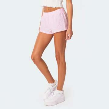 Women's Elastic Waisted Plaid Shorts Lounge Print Pajama Shorts Layered Pleated Bloomers Ruffled Y2K Cute Pettipants (Pink D, S)