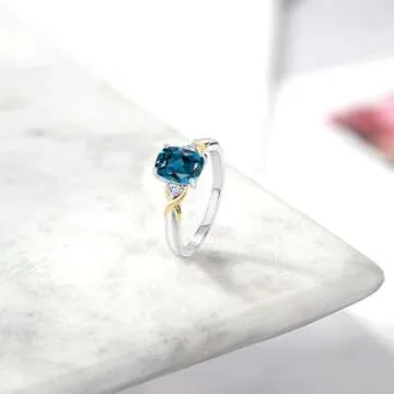 Gem Stone King 925 Sterling Silver and 10K Yellow Gold Customized Personalized Name Engraved Cushion 8X6MM Gemstone Birthstone and White Lab Grown Diamond Ring For Women (Size 8)